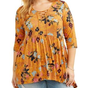 🖤3 For $15🖤Terra & Sky Mustard Floral Top with Lace-Up Detail